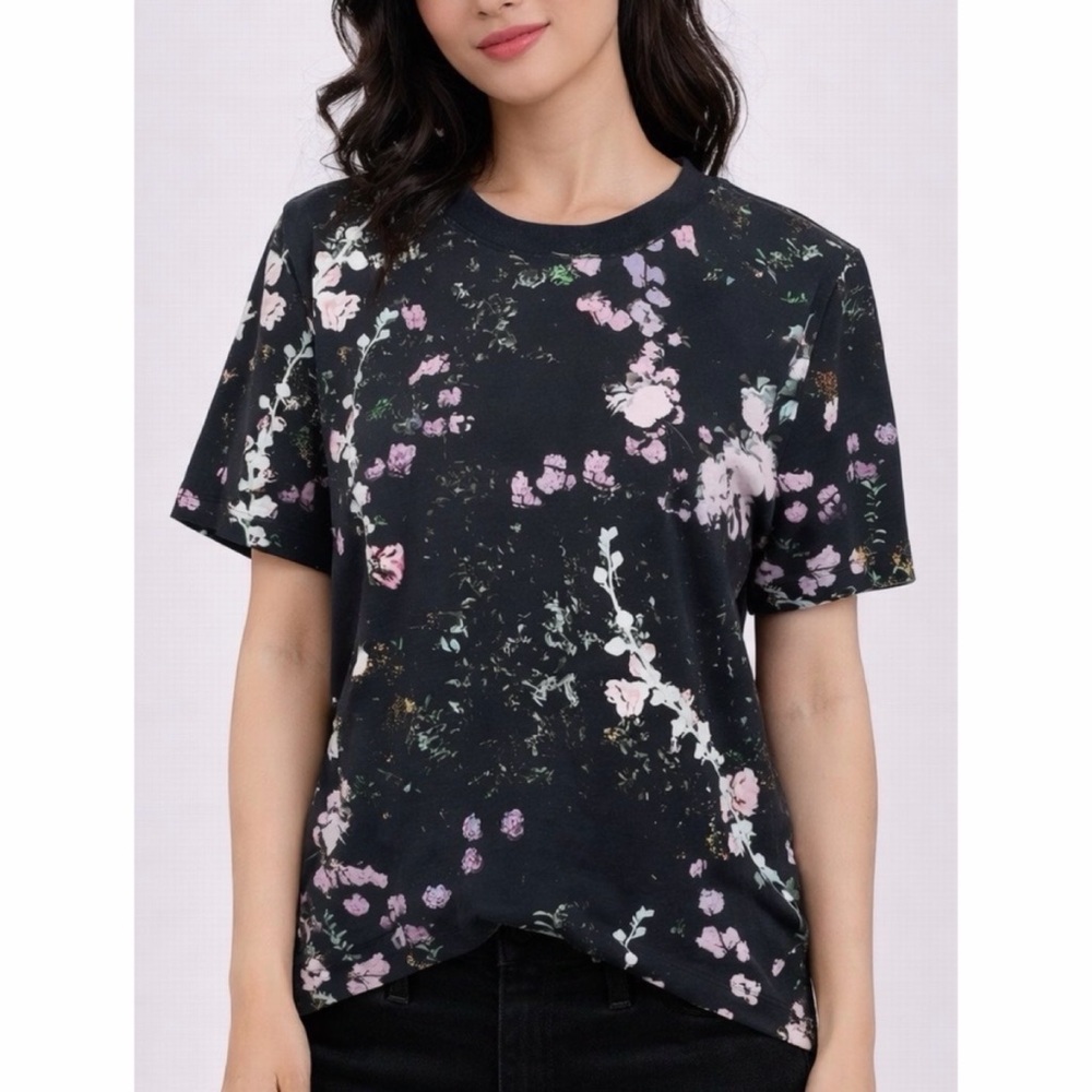 3.1 PHILLIP LIM • Black Floral Print Crewneck Short Sleeve Tee, M